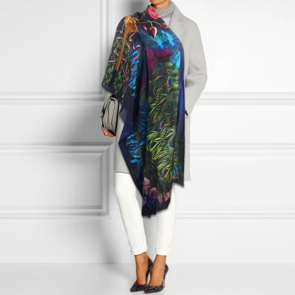 Peacock Feathers, Pink Rose & Wings Long Pure Silk Scarf - Picture 4 of 17
